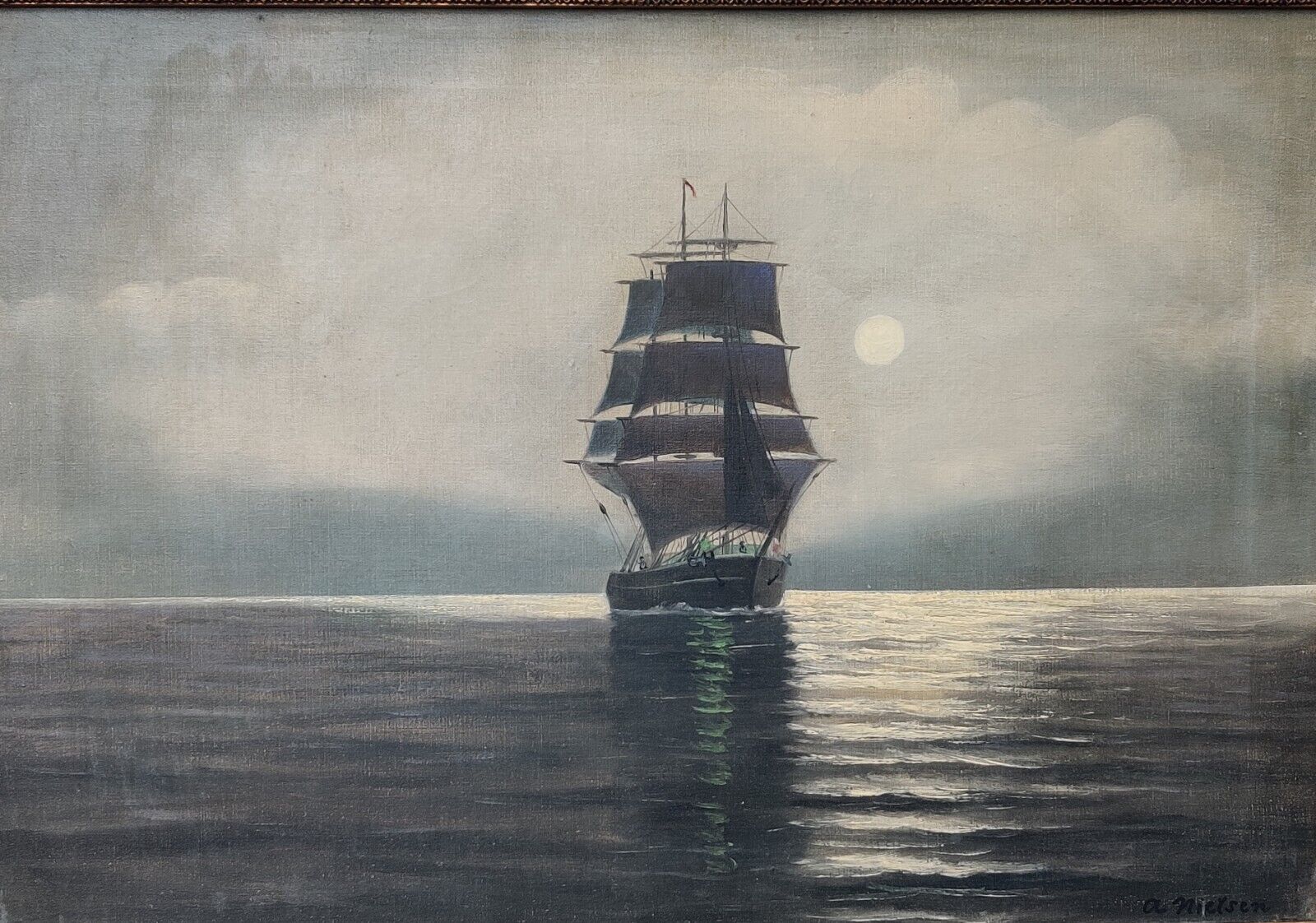 A Nielsen: SAILSHIP IN FULL MOONLIGHT original oil painting