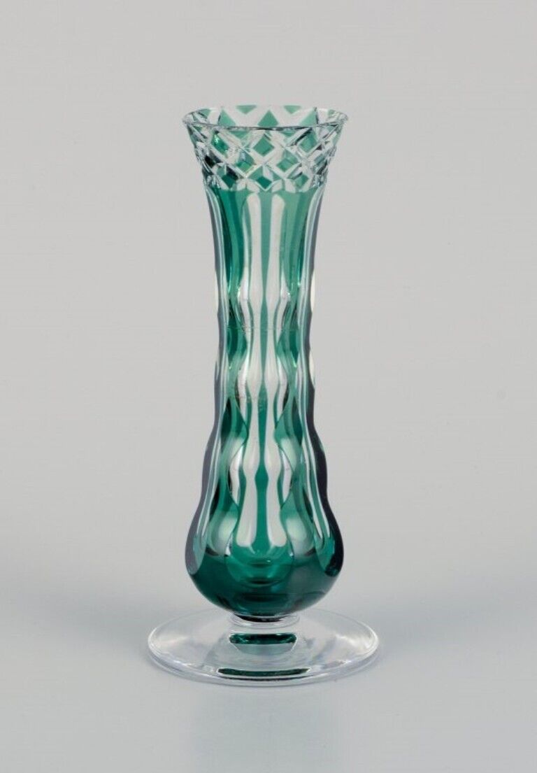 Val St Lambert Belgium Faceted crystal vase in green and clear glass