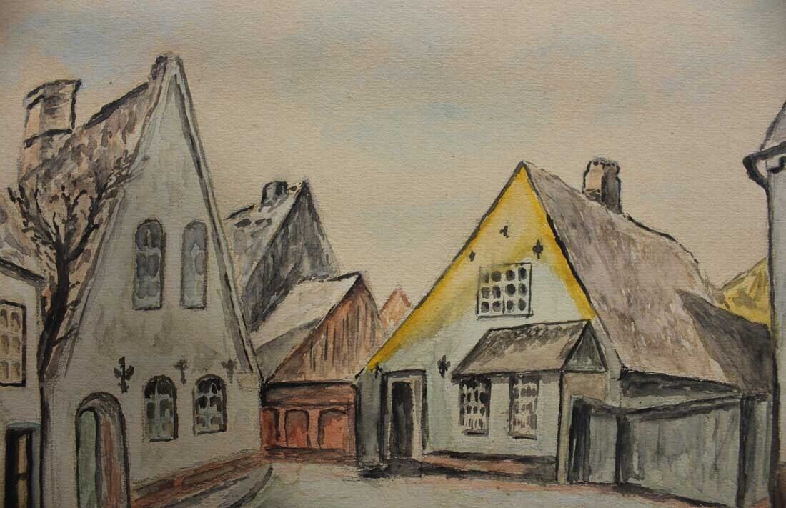 Carl Meyer watercolor Old houses Apenrade winter 1930 Danish German border