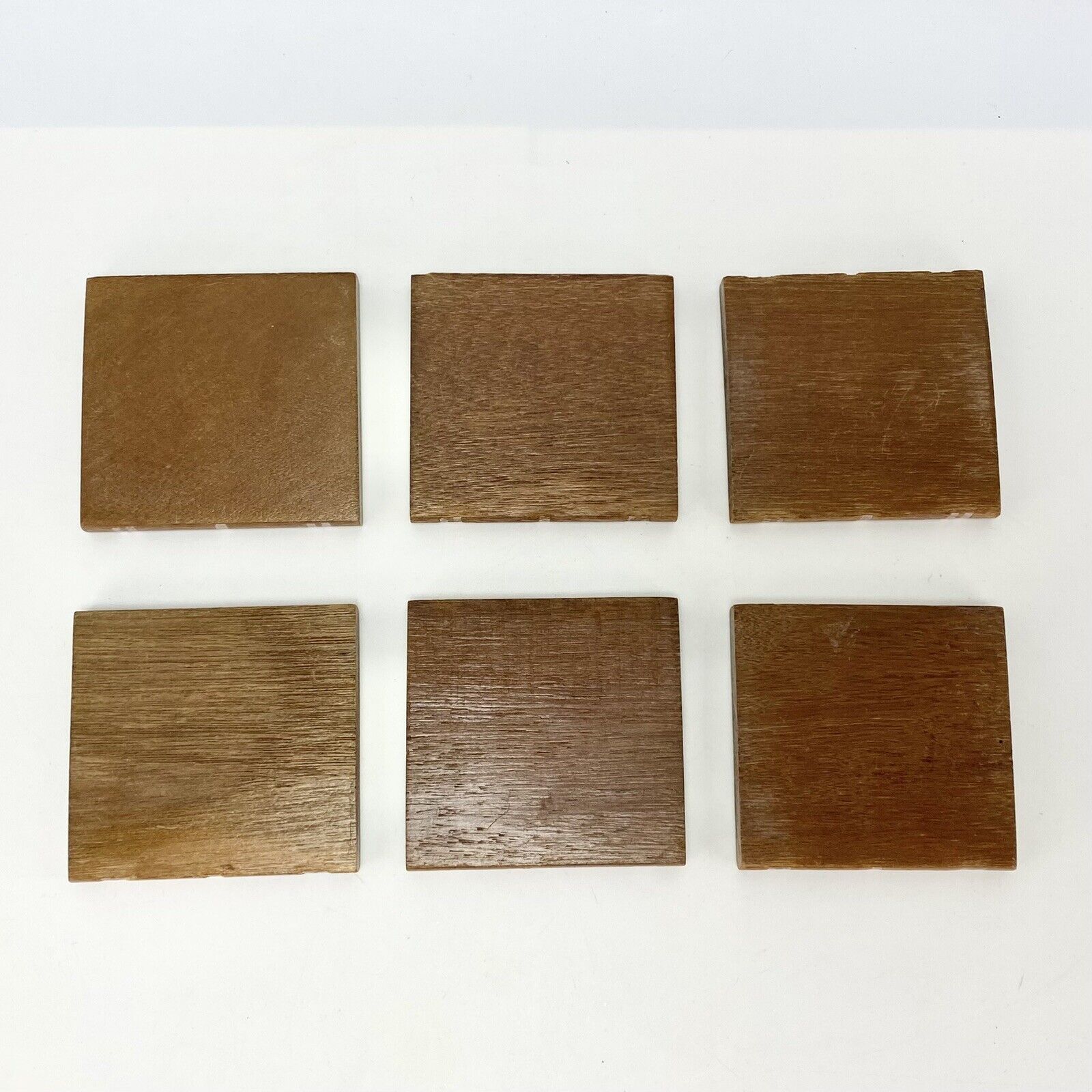 Set of 6 Novelty Book Stack Teak Wood Glass Coasters Barware MCM Danish