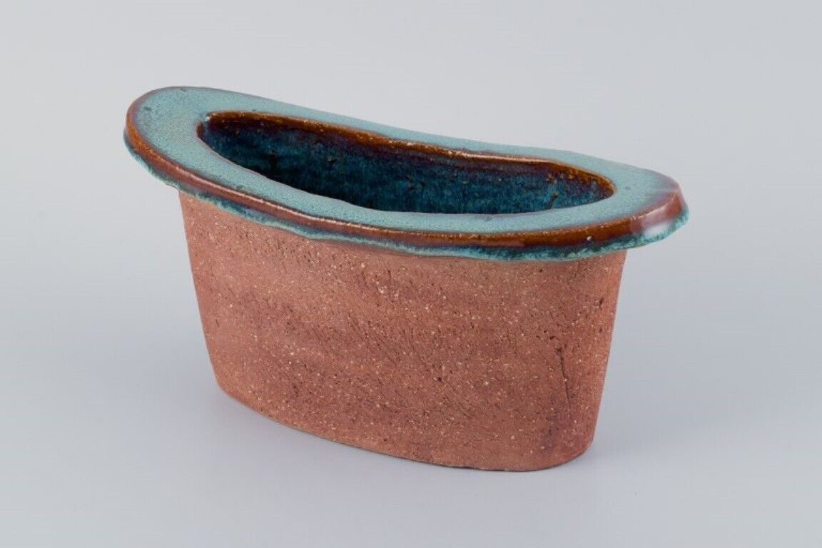 Curt Addin large bowl in chamotte clay Interior with turquoise glaze 1970s