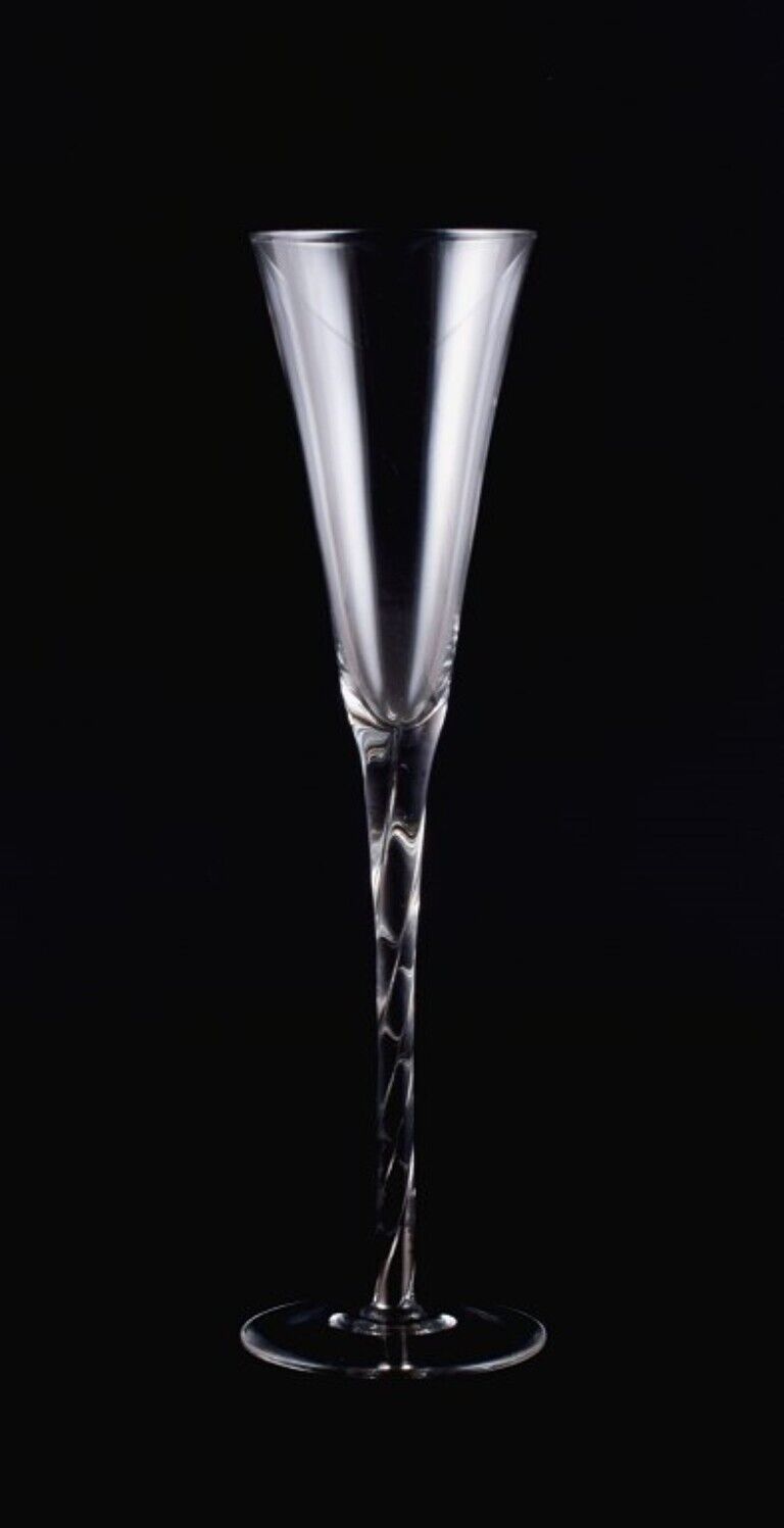 Danish glass artist two champagne flutes in art glass with silver inlays