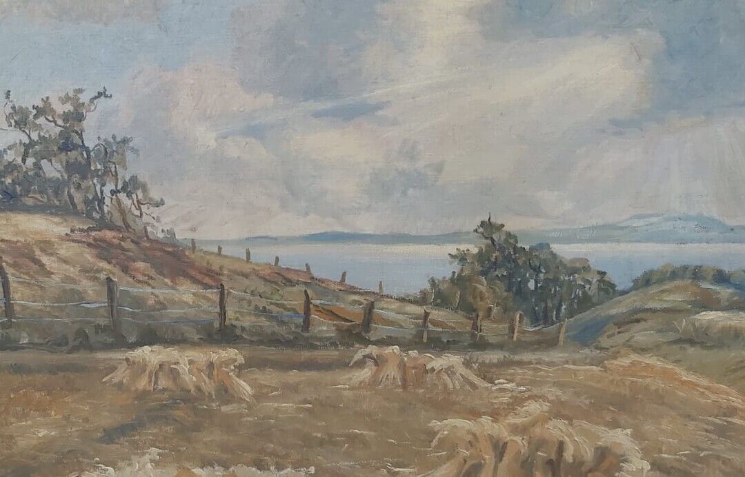 Ove Rosmon (1893-1961): COASTAL LANDSCAPE WITH HAYCOCKS