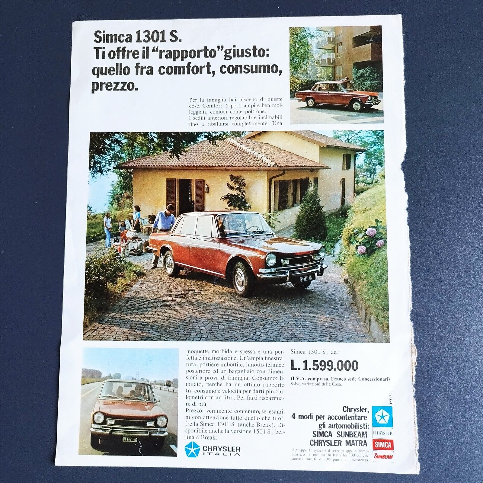 Italian advert from ABC Magazine 1970s : SIMCA 1301 S