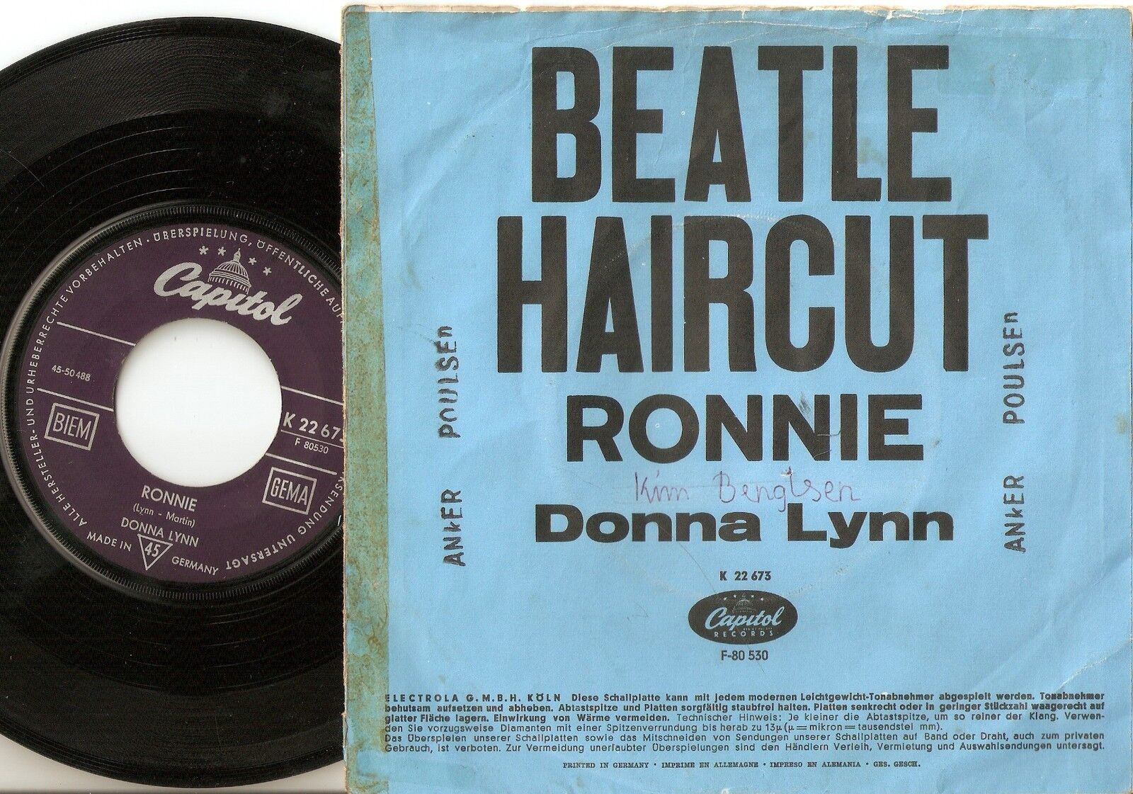 DONNA LYNN BEATLE HAIRCUT  RONNIE GERMAN 45+PS 1964 BEATLES GIRL POPCORN MOD