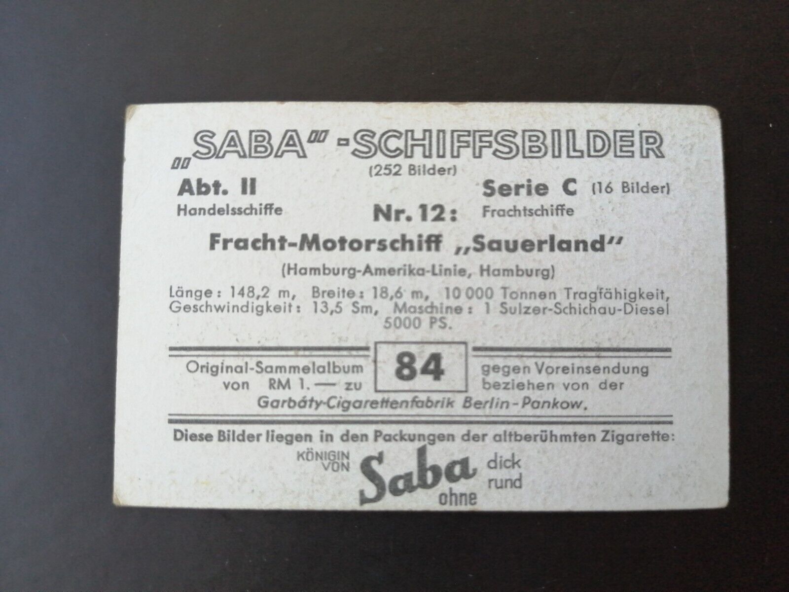 German SABA tobacco ship trading card 1931-33No 84 "Sauerland" HH-Amerika Linie