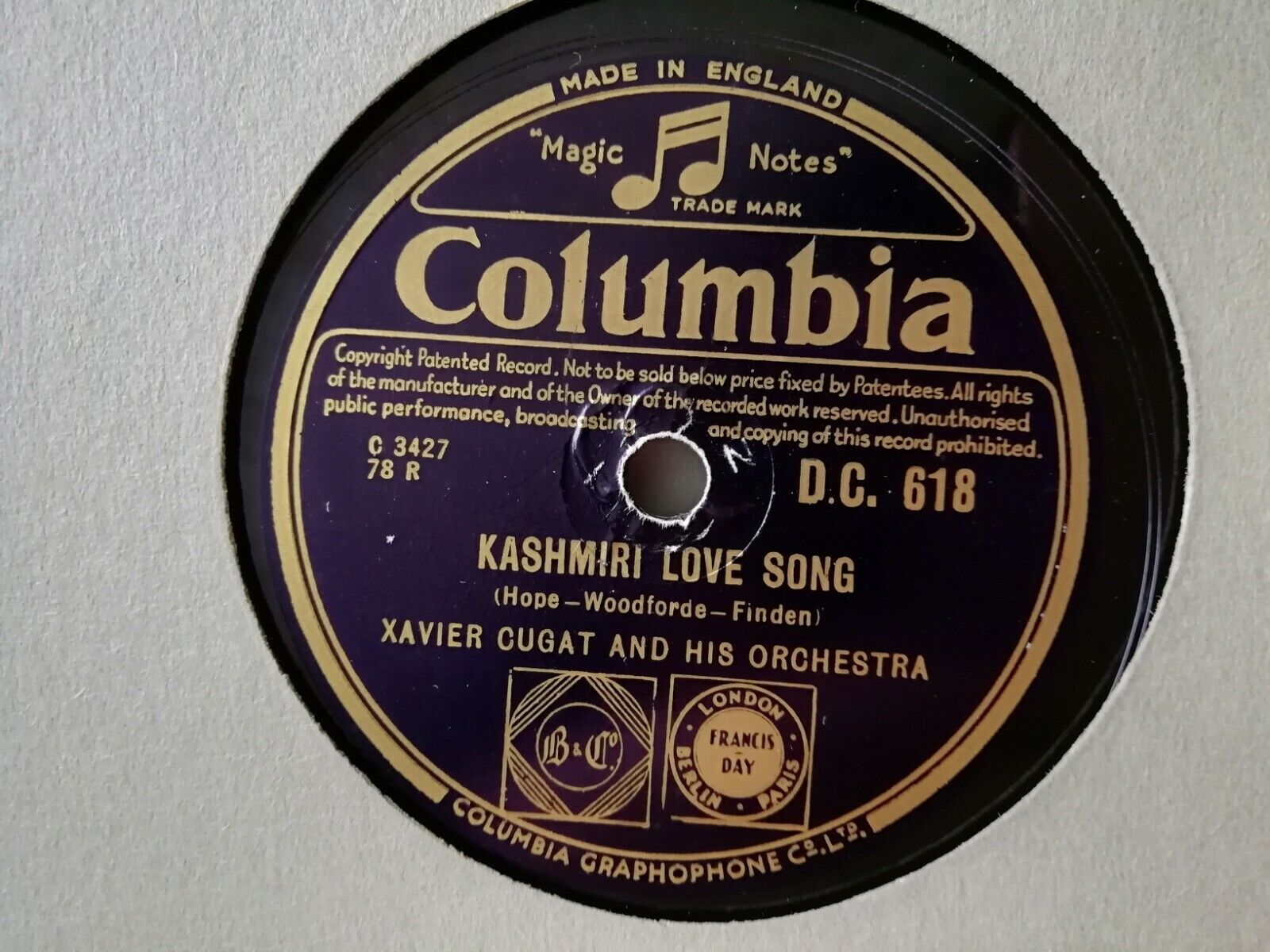 78 rpm record:Xavier CugatKashmiri Love Song/In A Persian Market Columbia DC