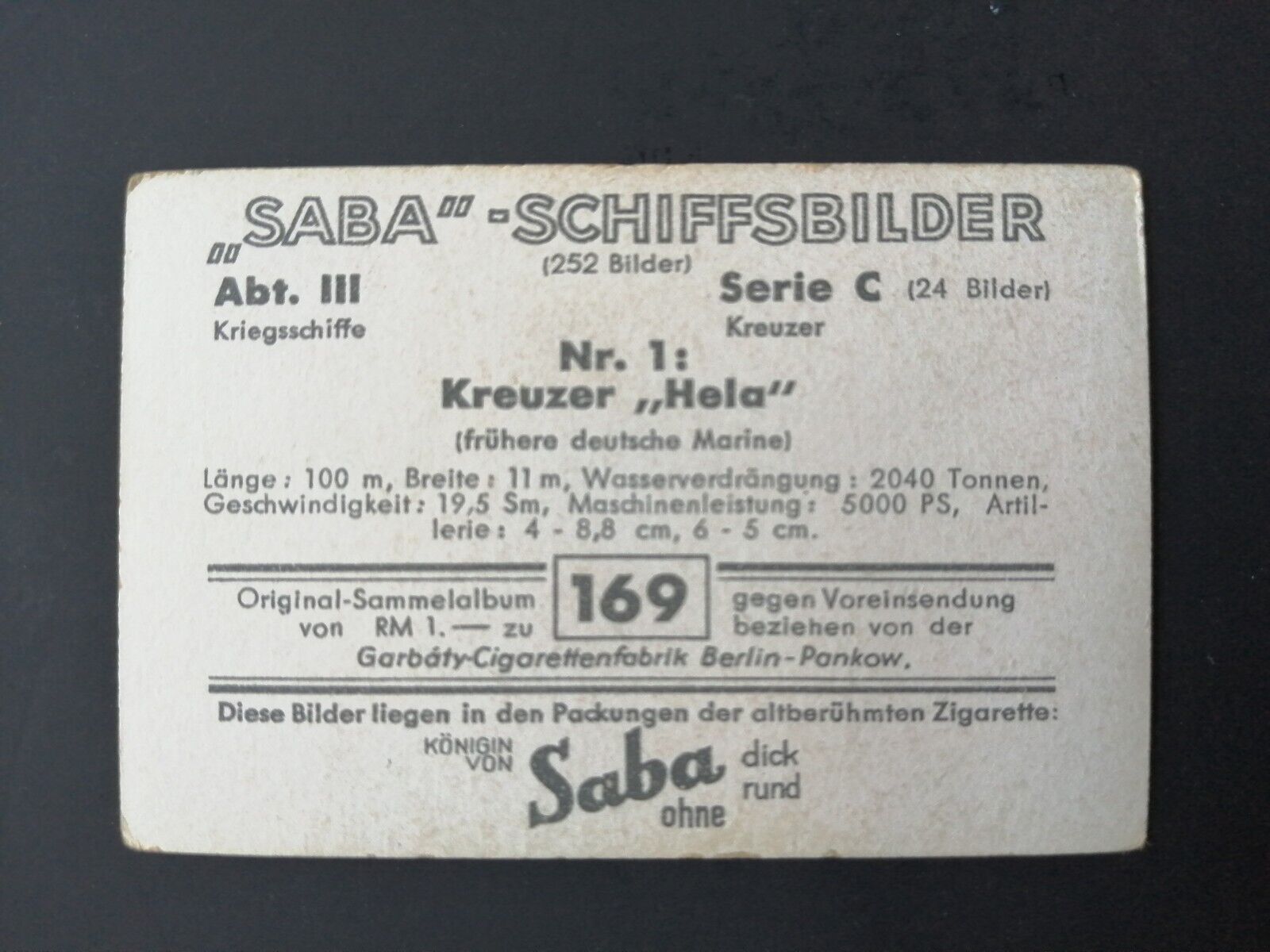 German SABA tobacco ship trading card 1931-33No 169 Kreutzer "Hela"