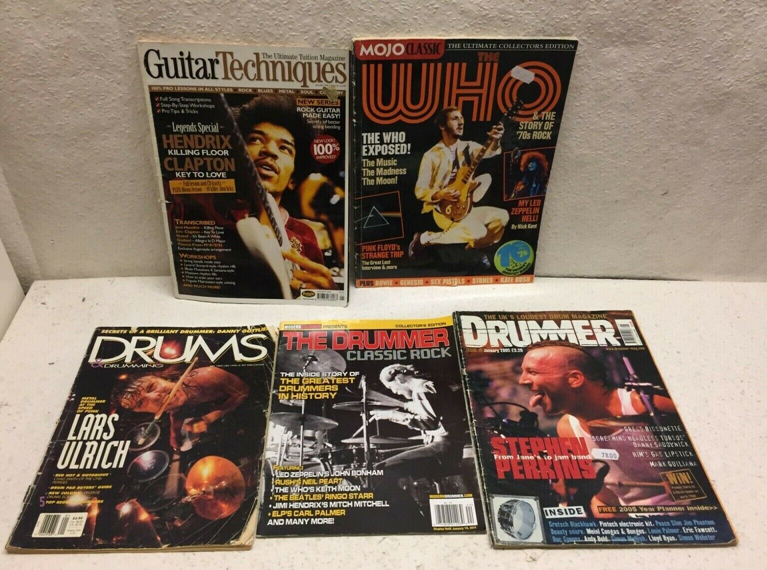 Lot of 5 Pieces Various Guitar + Drummer Magazines Acceptable Condition