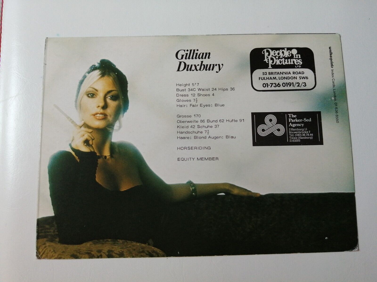 Vintage  English  model comp card from 1970s/1980sGillian DuxburyPeople in Pic