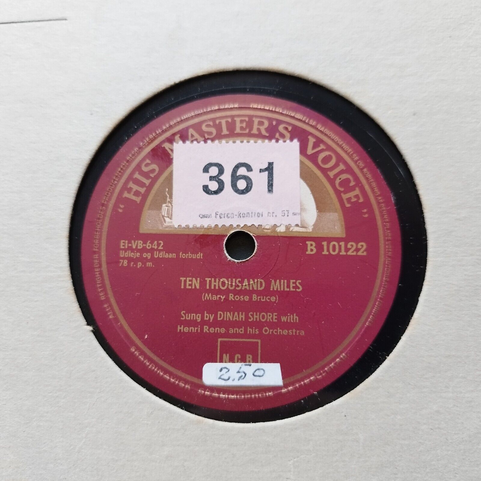 78 RPM  shellacDINAH SHORETen Thousand Miles/How Many Times HMV B10122