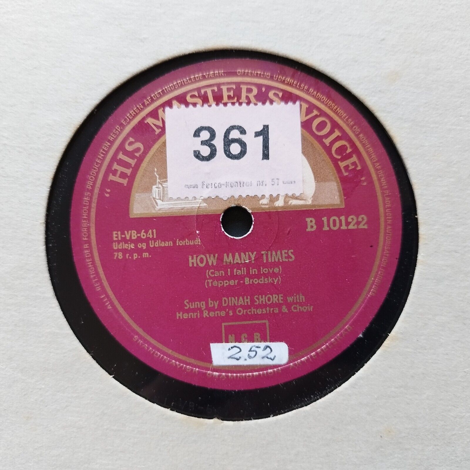 78 RPM  shellacDINAH SHORETen Thousand Miles/How Many Times HMV B10122