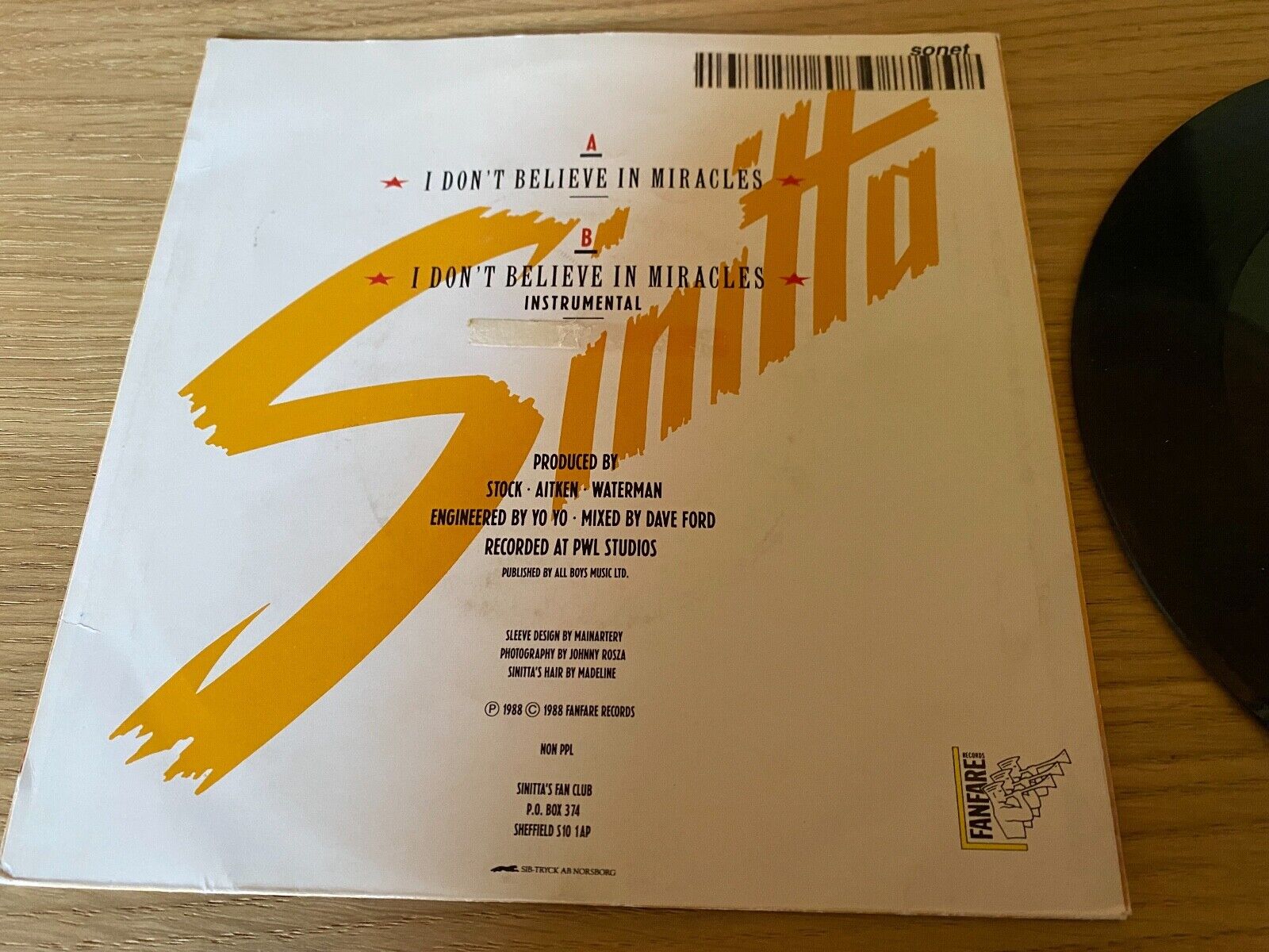 SINITTTA "I DON´T BELIEVE IN MIRACLES" 1988 SONET GRAMMOFON AN NCB SWEDISH PRESS