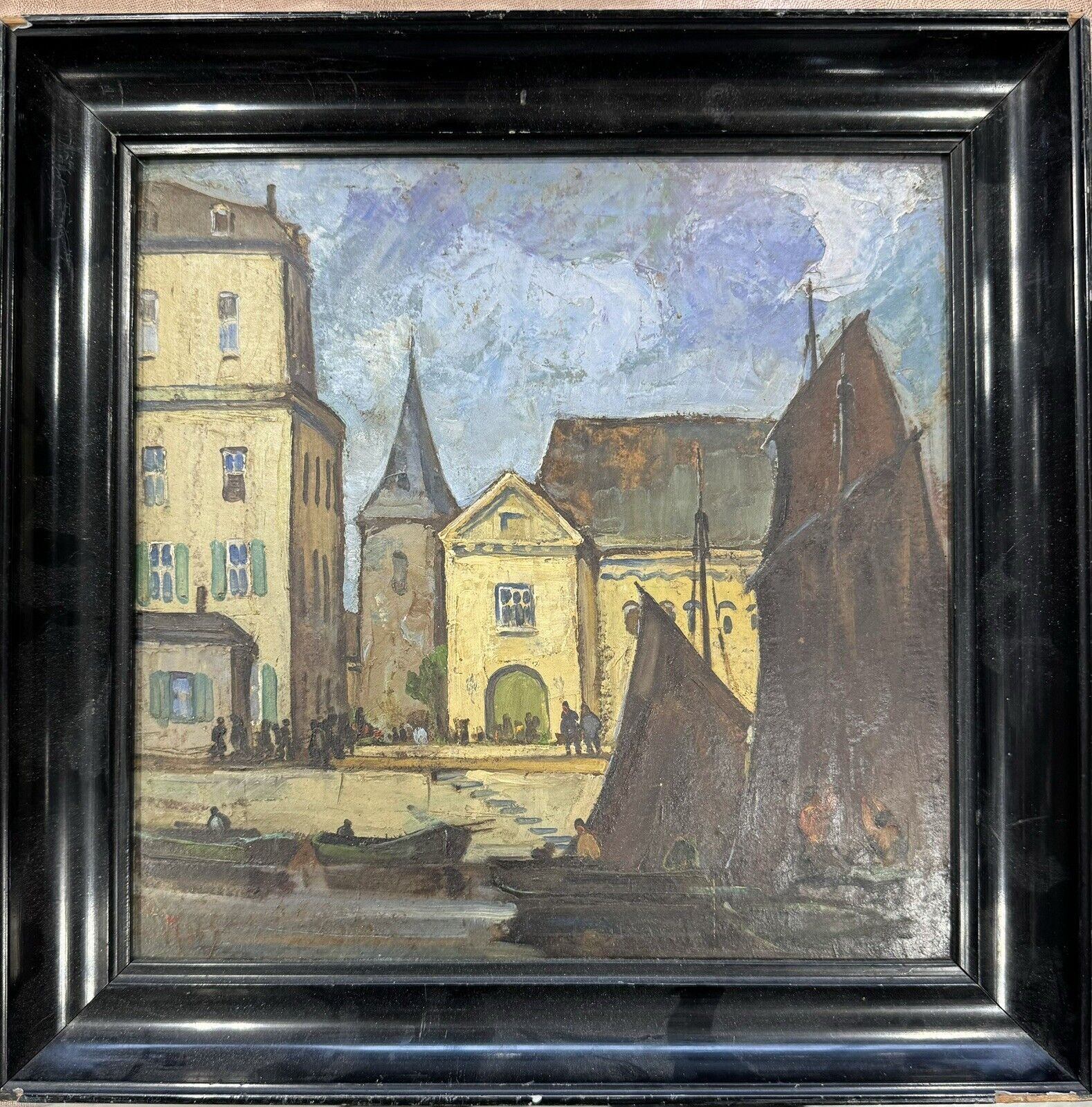 Old Framed Oil Painting With Old Houses Near The Harbor In A European Town