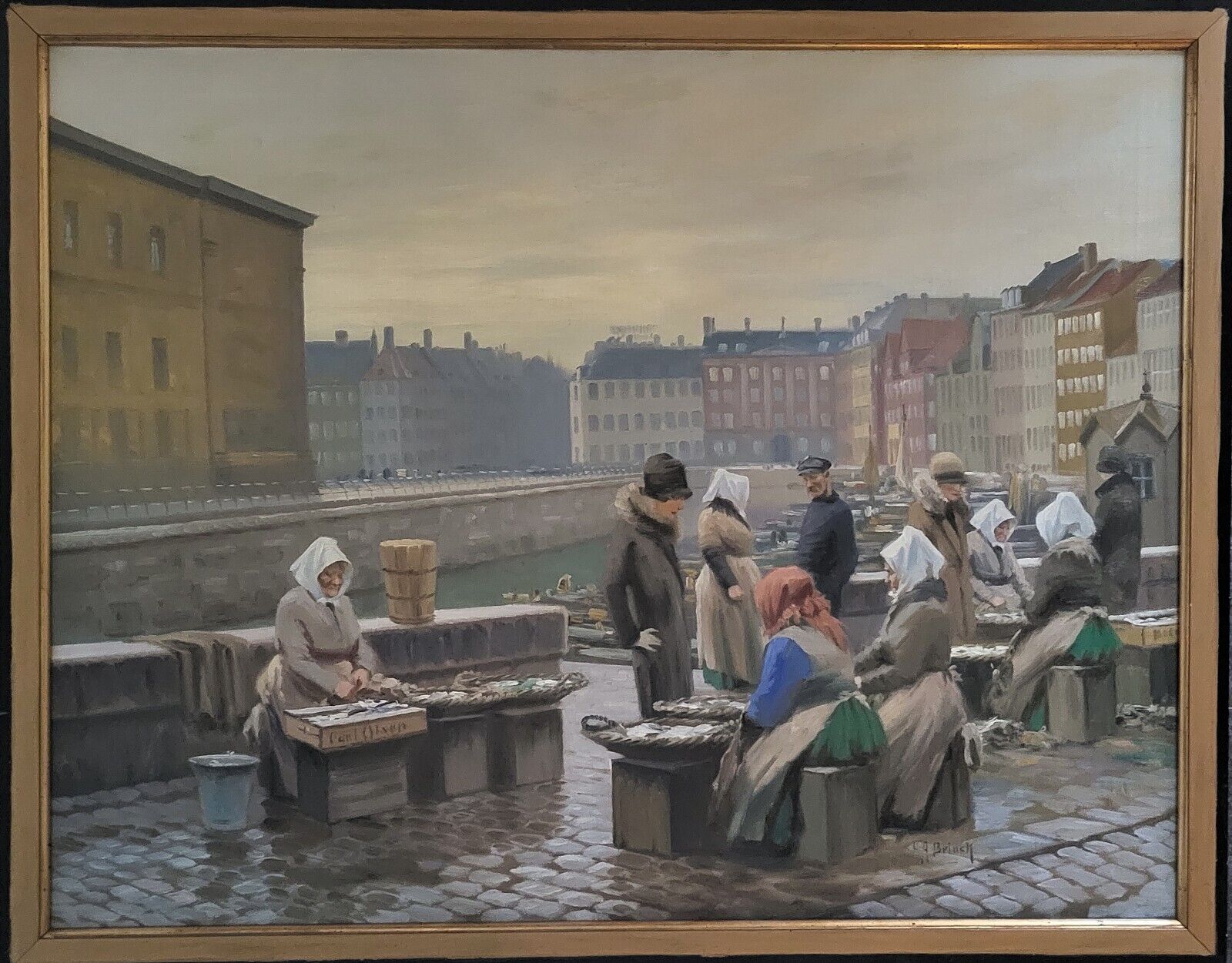 Oil painting. Soren Bjulf (1890-1958):”Ladies at the fish market” (1928)