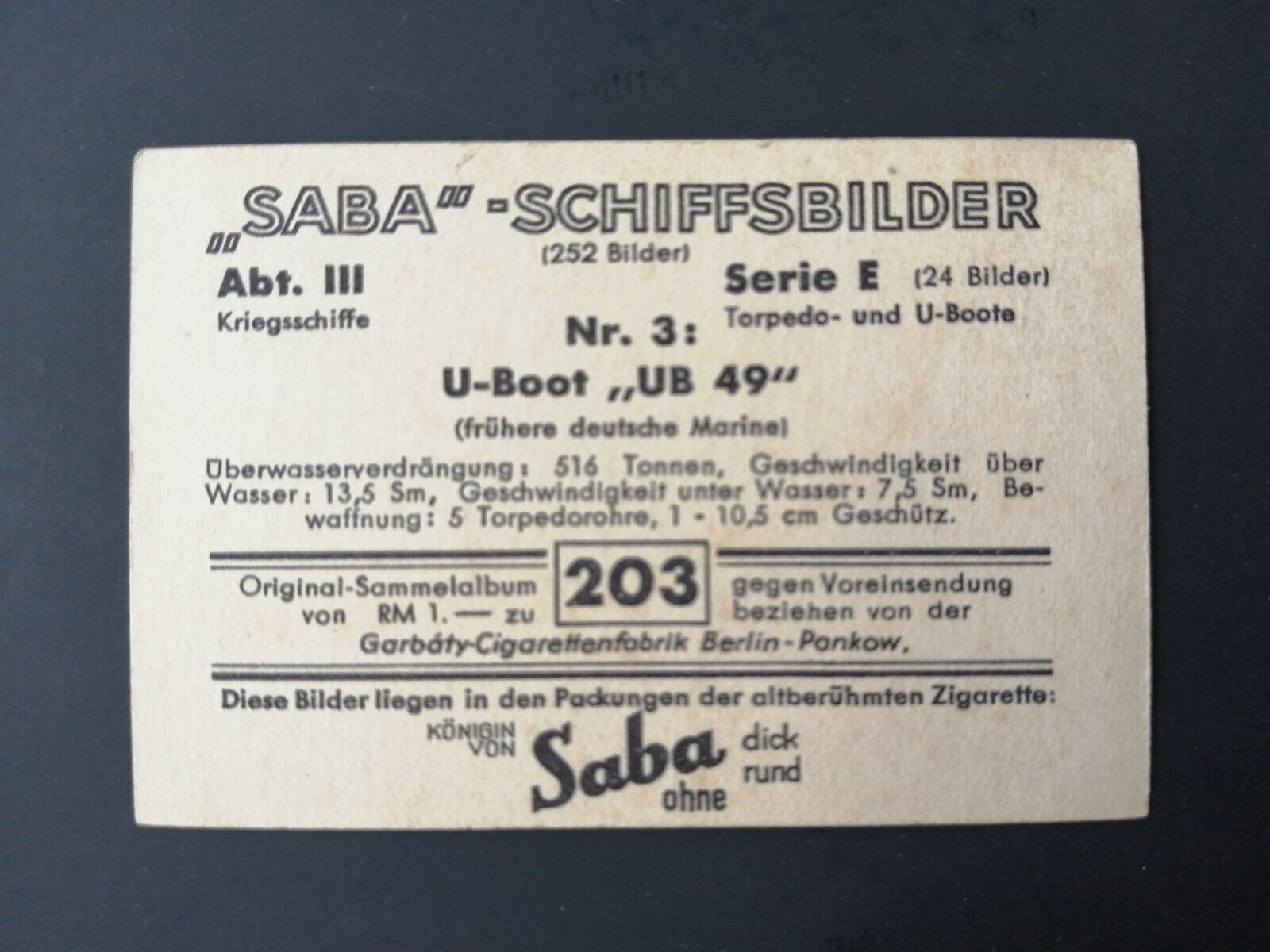 German SABA tobacco ship trading card 1931-33No 203 U-Boot " UB 49 "