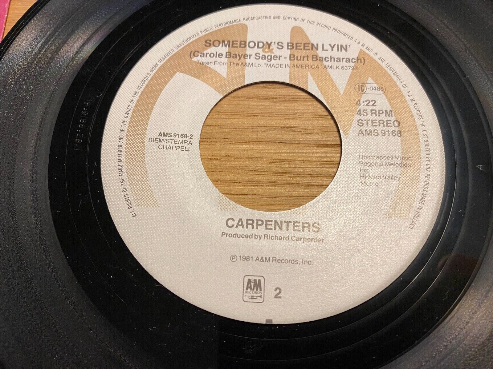 CARPENTERS "BEECHWOOD 4-5789 / SOMEBODY´S BEEN LYIN´" 1981 AM RECORDS DUTCH 7"*