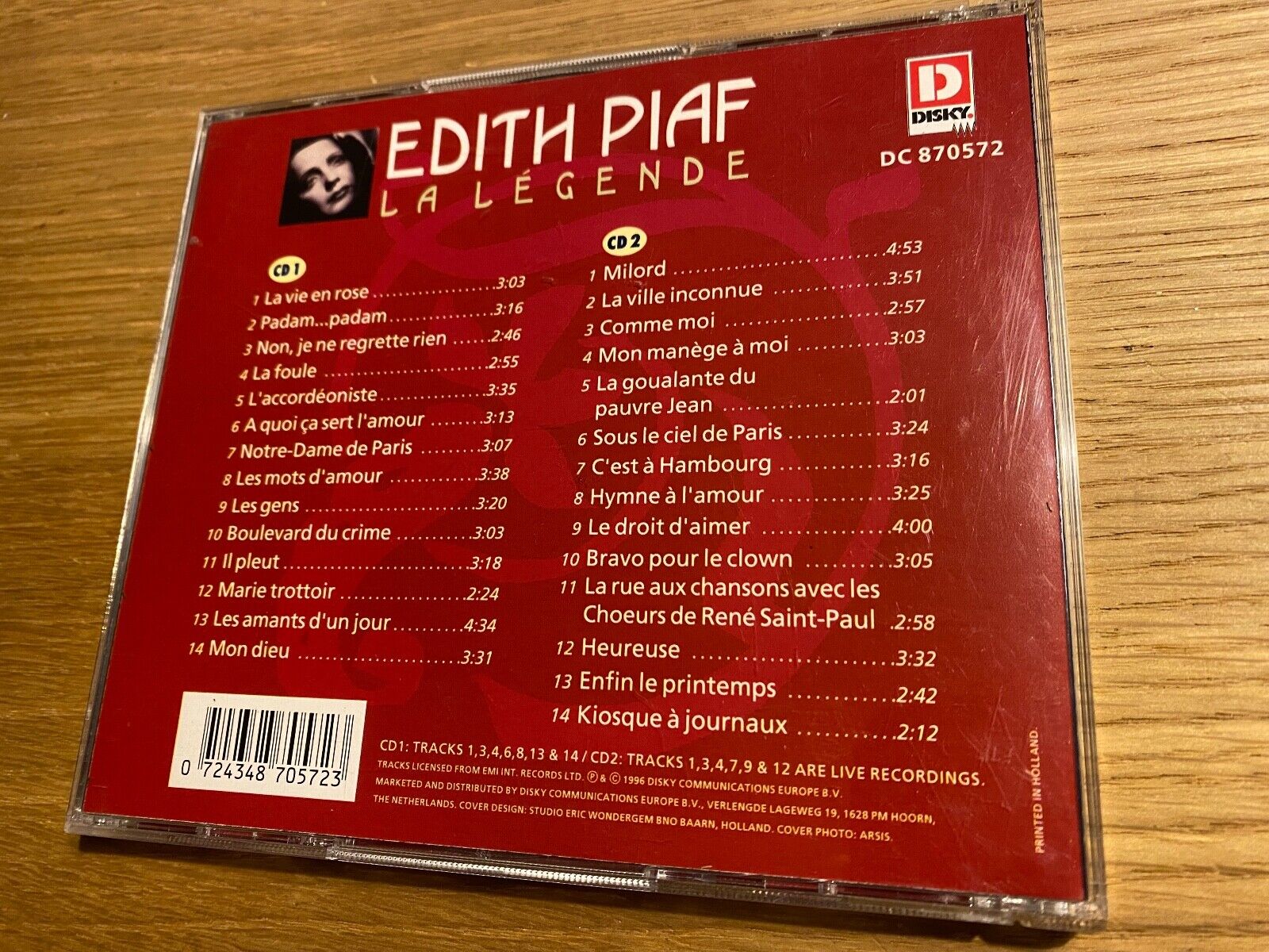 EDITH PIAF "LA LEGENDE" 2 X CD CD SET 28 TRACKS 1996 DISKY RECORDS HOLLAND RARE*