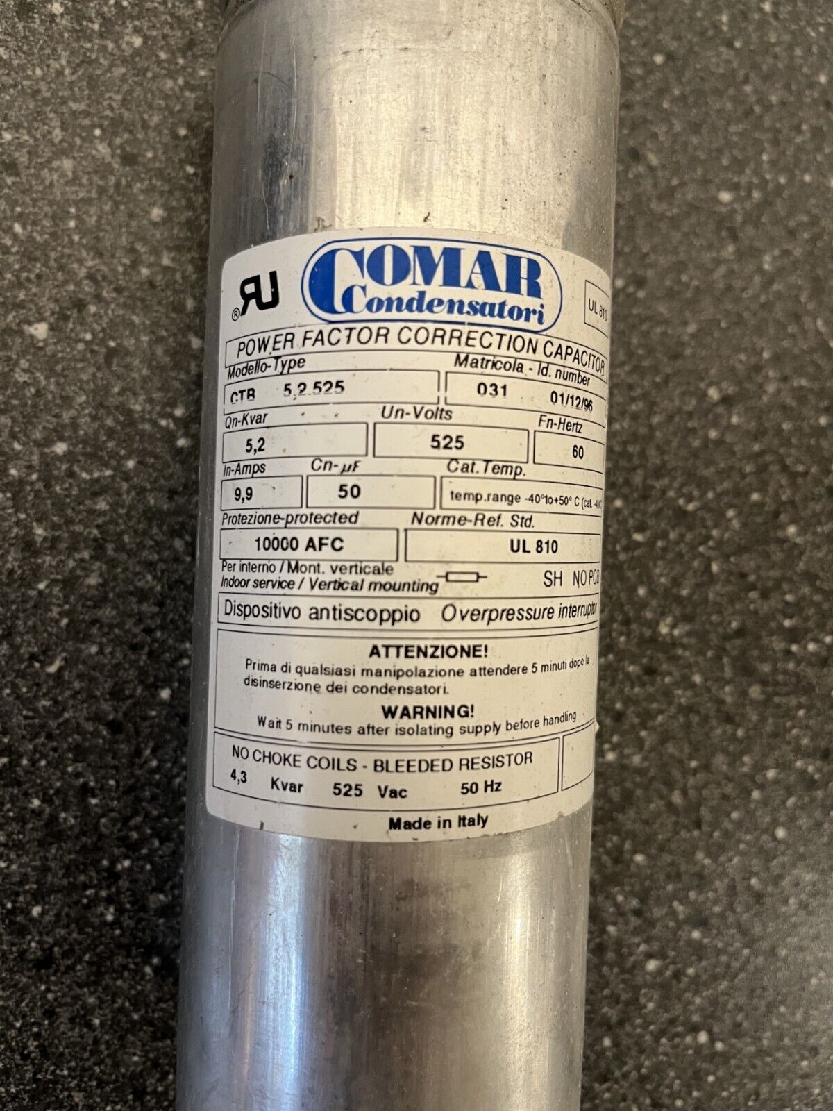 Comar Condensatori Power Factor Correction Capacitor 52 Kvar 525V