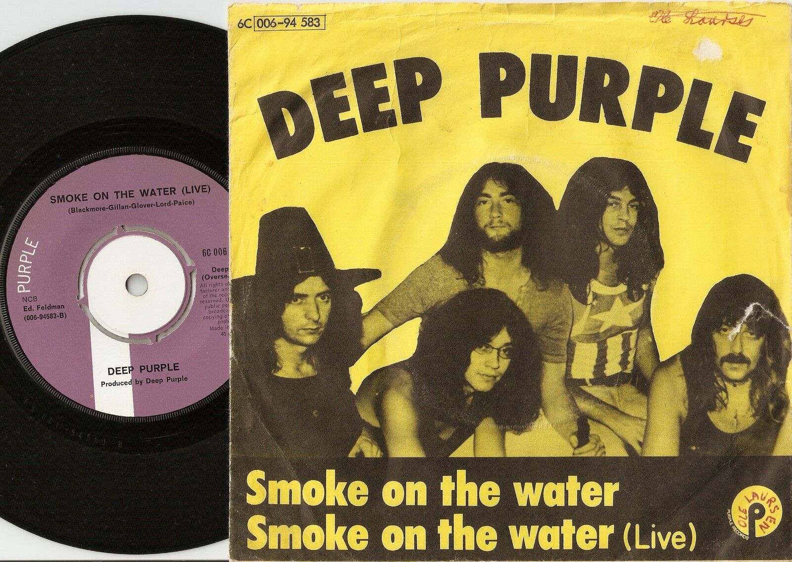 DEEP PURPLE SMOKE ON THE WATER STUDIO  LIVE DANISH 45+PS 1972 PSYCH HEAVY ROCK