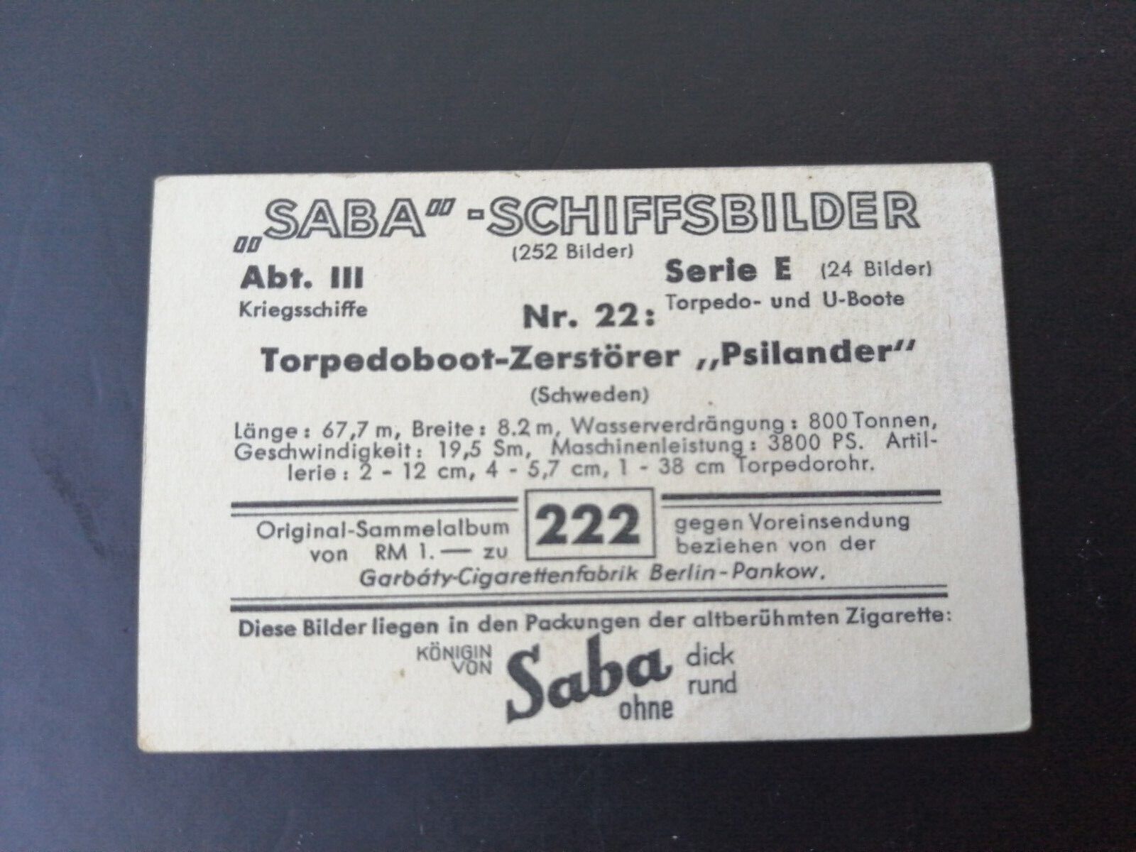 German SABA tobacco ship trading card 1931-33No 222 "Psillander" Sweden