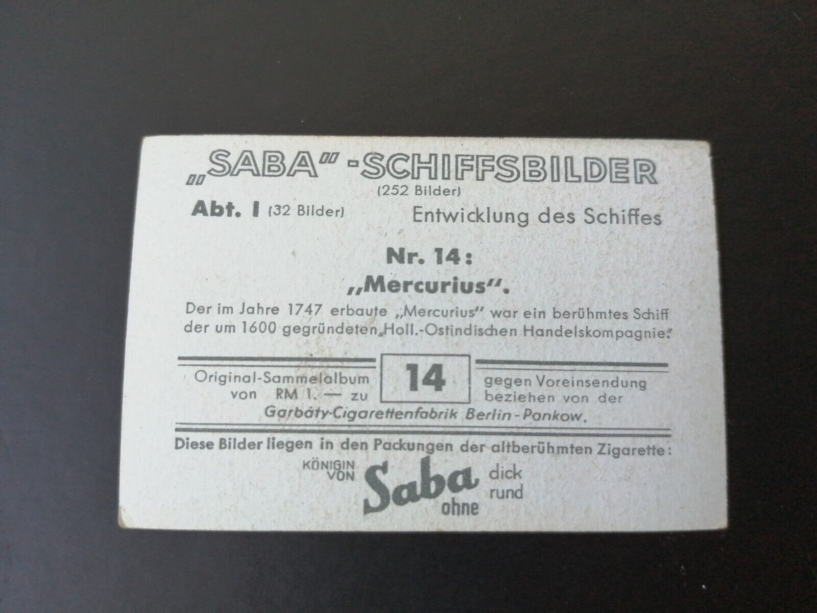 German SABA tobacco ship trading card 1931-33No 14"Mercurius" Holland