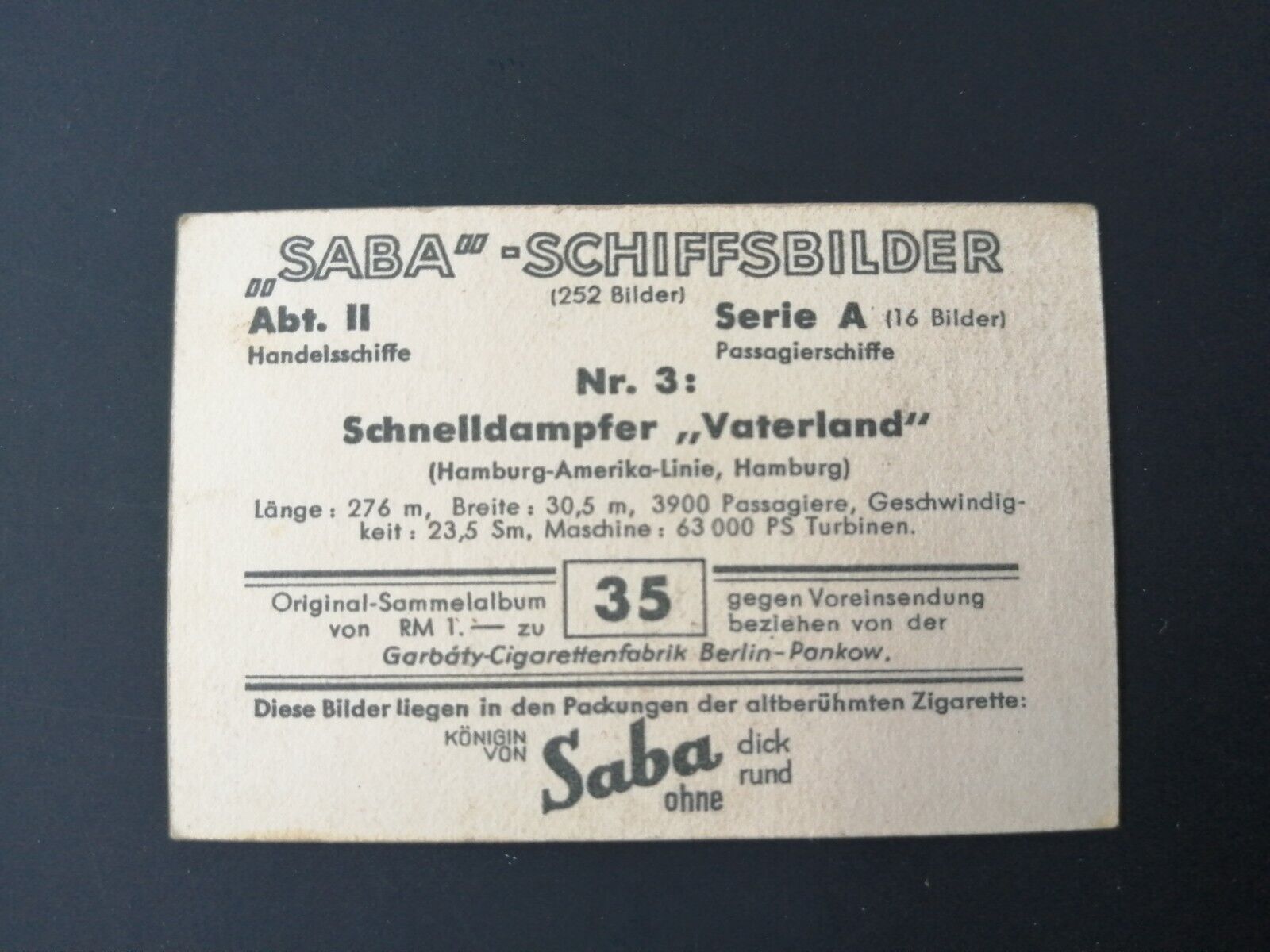 German SABA tobacco ship trading card 1931-33No 35 Schnelldampfer "Vaterland"