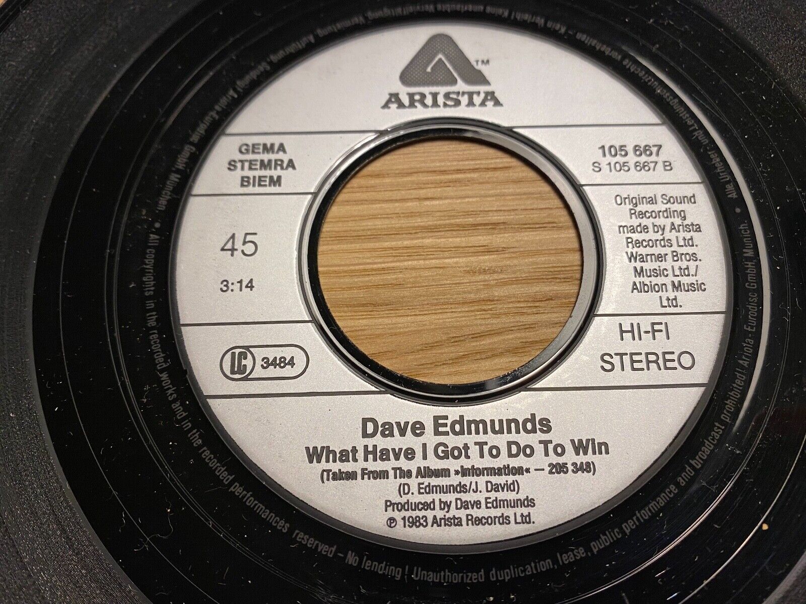 DAVE EDMUNDS "INFORMATION / WHAT HAVE I GOT TO DO TO WIN" 1983 ARISTA RECORDS 7"