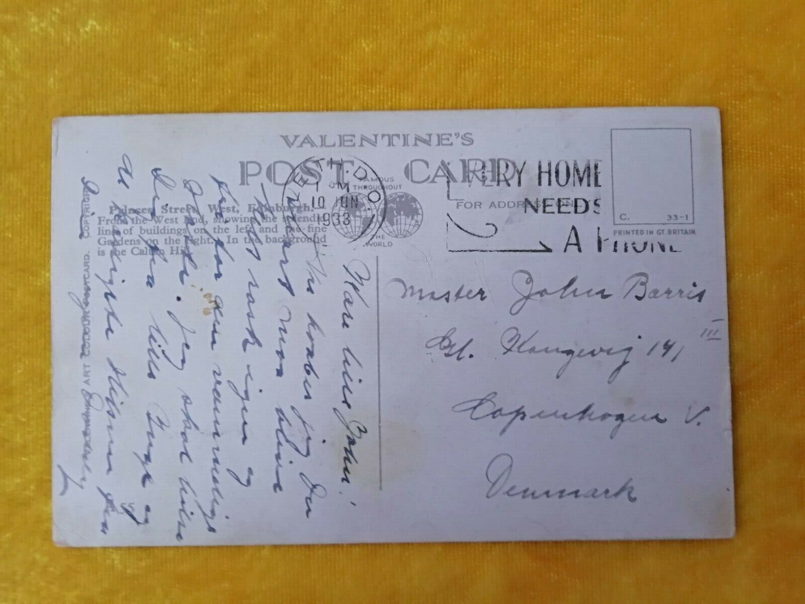 Princes StreetWestEdinburgh1933A Valentine's postcardNo stamp