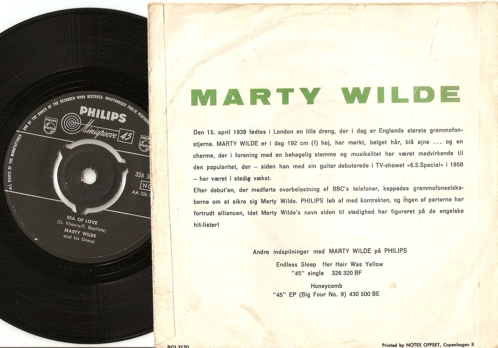 MARTY WILDE SEA OF LOVE  TEENAGE TEARS DANISH 45+PS 1959 ELVIS ROCKABILLY ROLL