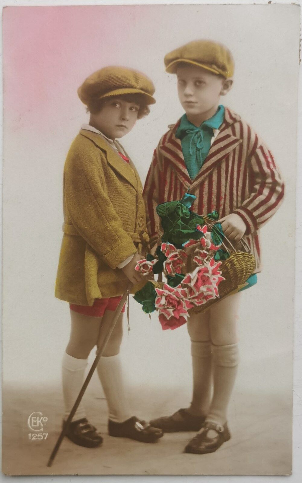 Ceko vtg photo postcard: Cute young girl and boy in wonderfull colours pok1028