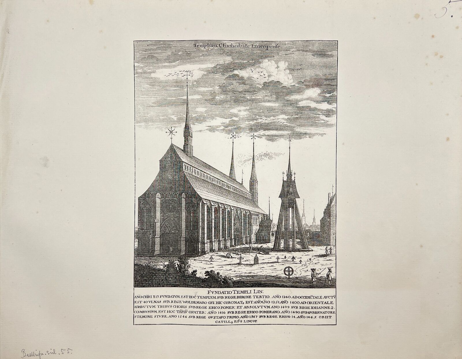 Original Antique Print - Erik Dahlberg - Linkoping Cathedral in Sweden - E1