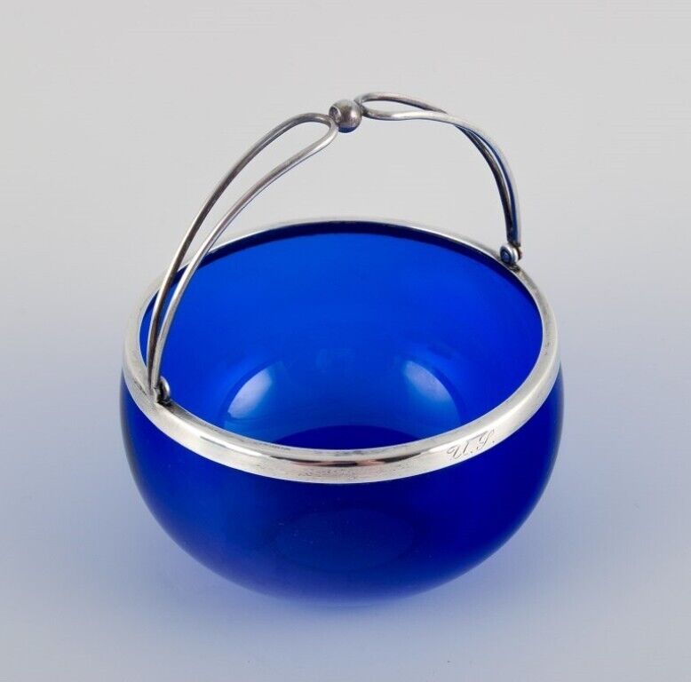 Svend Toxværd Danish silversmith Sugar bowl blue art glass and Danish silver