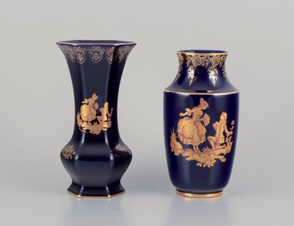 Limoges France Two porcelain vases decorated with Scène galante