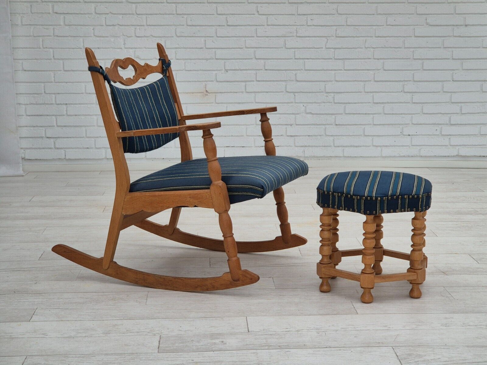 1970s Danish design oak wood rocking chair with footstool furniture wool