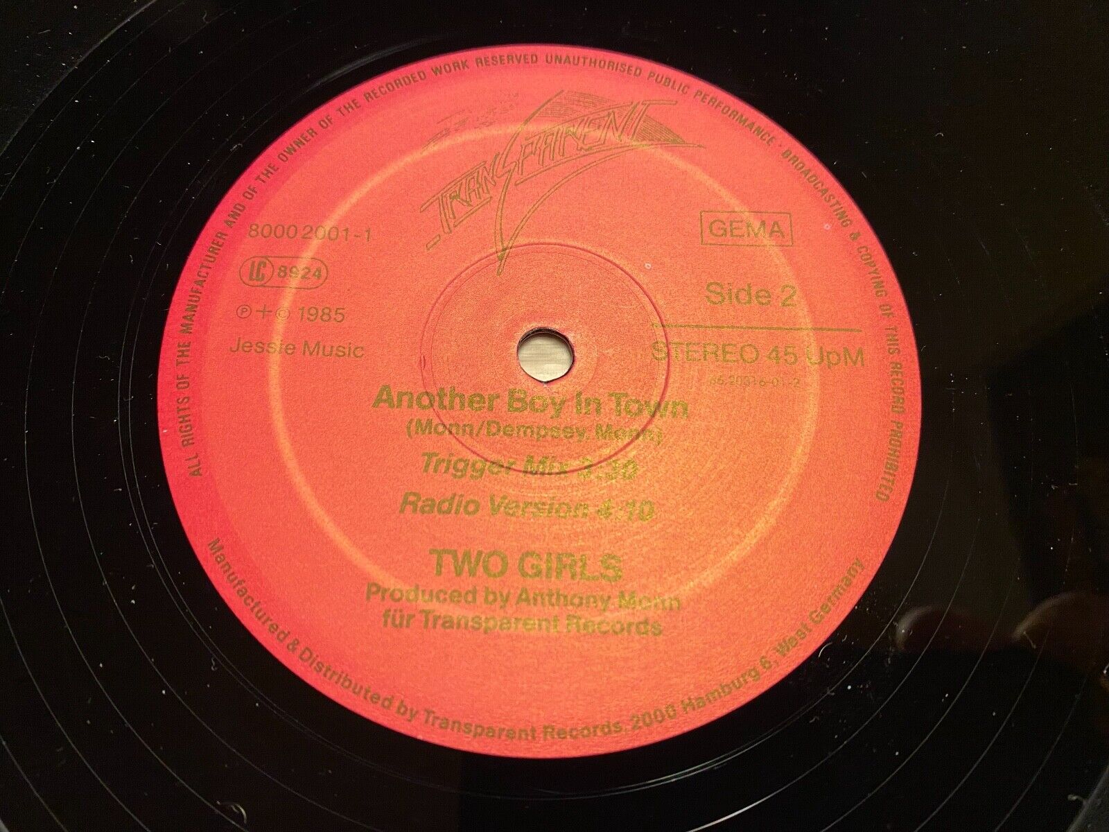 TWO GIRLS "ANOTHER BOY IN TOWN"DJ MIX 128 BPM 1985 12" MAXI SINGLE TRANSPARENT**