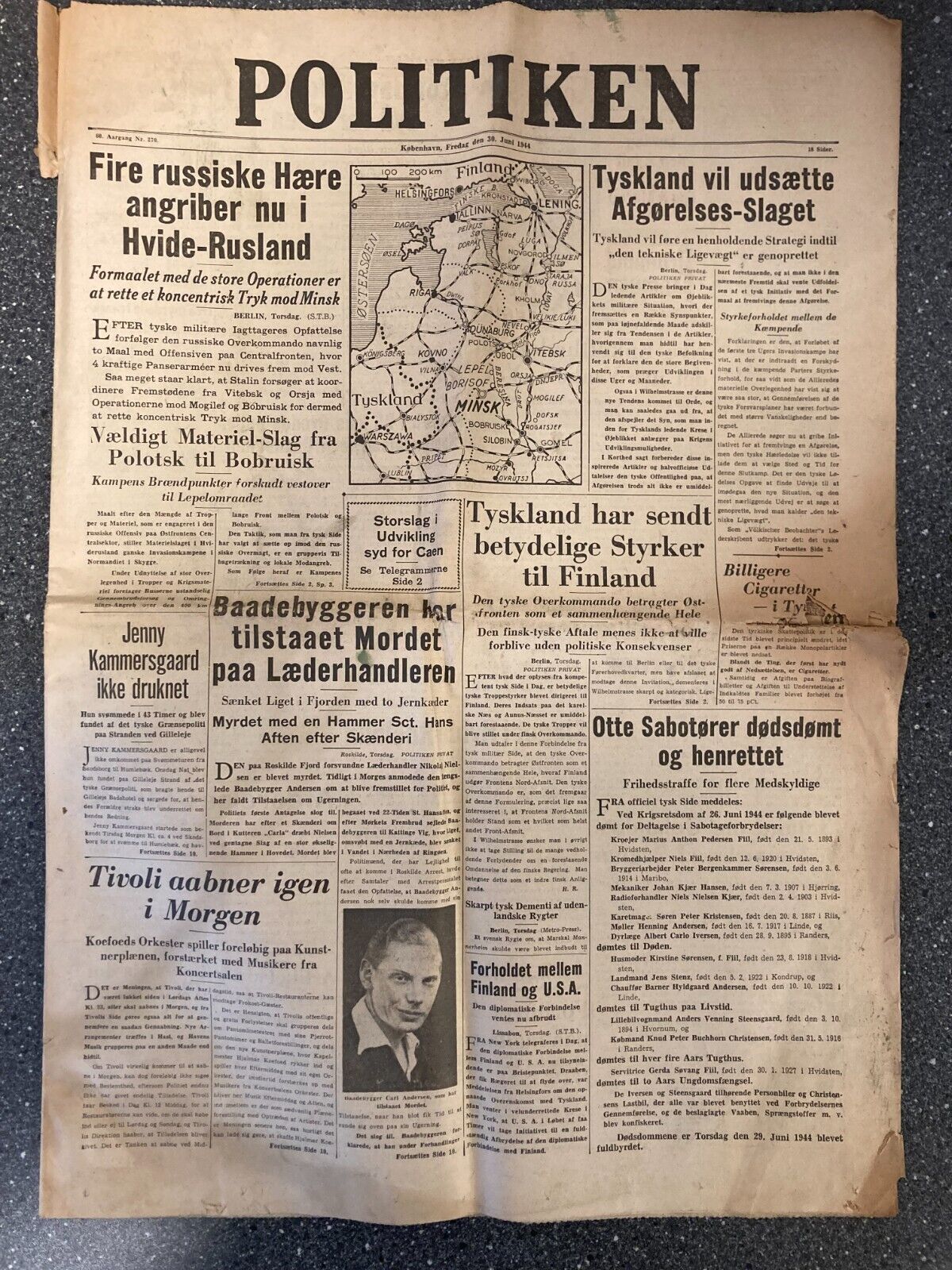 Danish WWII World War 2 Newspaper  - 30th June 1944 - "Politikken" Denmark