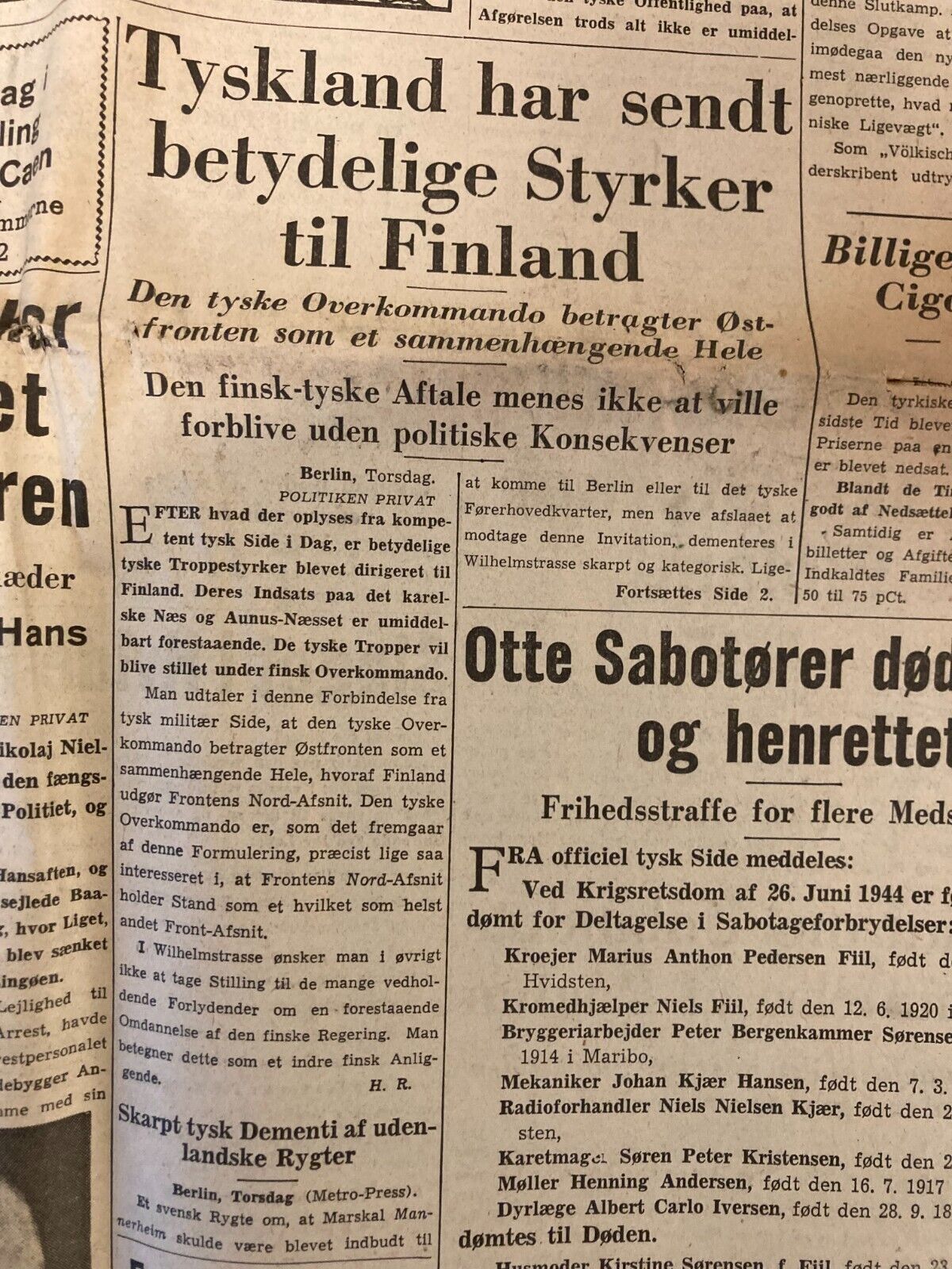 Danish WWII World War 2 Newspaper  - 30th June 1944 - "Politikken" Denmark