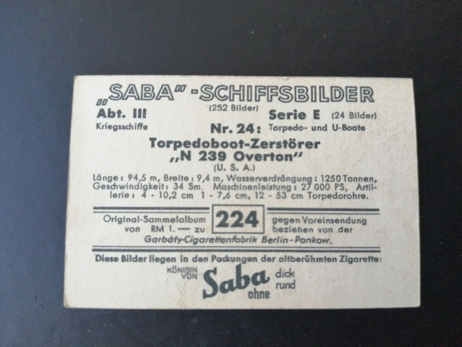 German SABA tobacco ship trading card 1931-33No 224 " N 239 Overton" USA