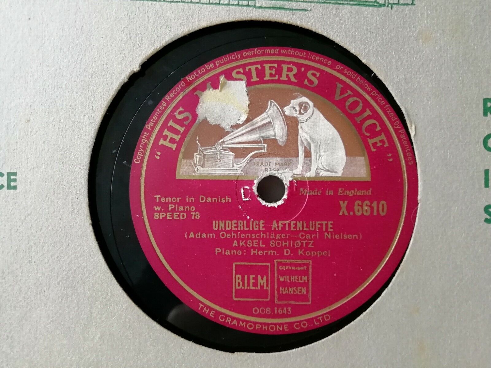 78 rpm record:Aksel SchiøtzUnderlige AftenlufteMor DanmarkDanish Tenor