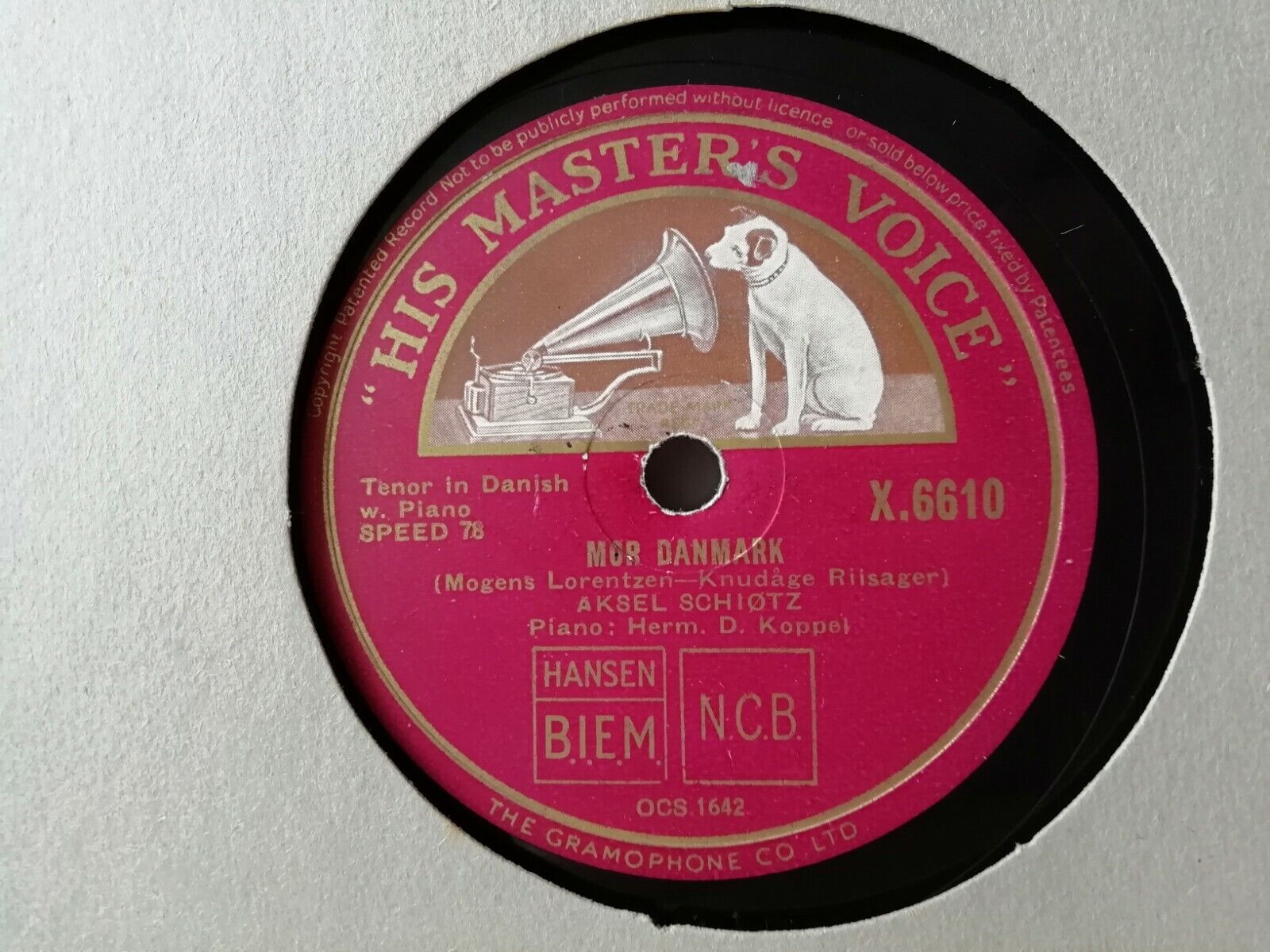 78 rpm record:Aksel SchiøtzUnderlige AftenlufteMor DanmarkDanish Tenor