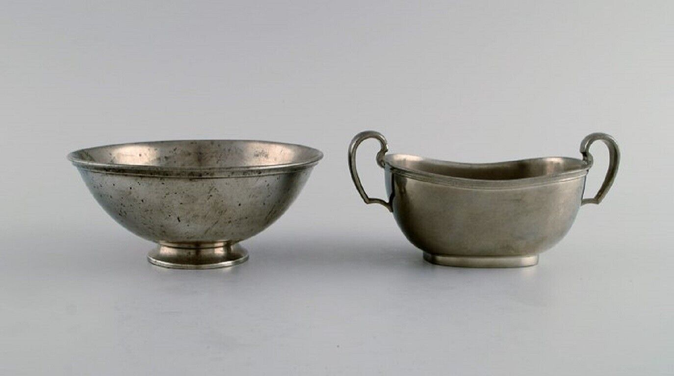 Just Andersen (1884-1943) Denmark Art Deco pewter creamer and three bowls