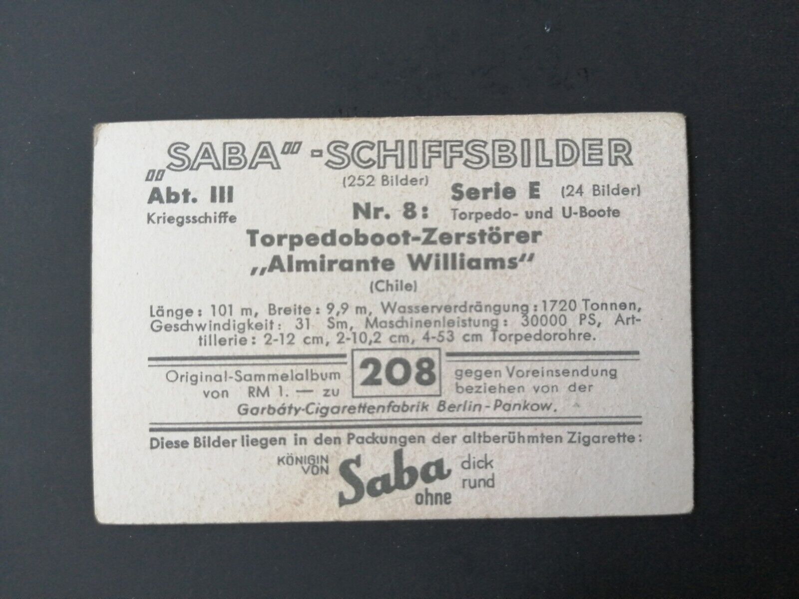 German SABA tobacco ship trading card 1931-33No 208 Almirante WilliamsChile