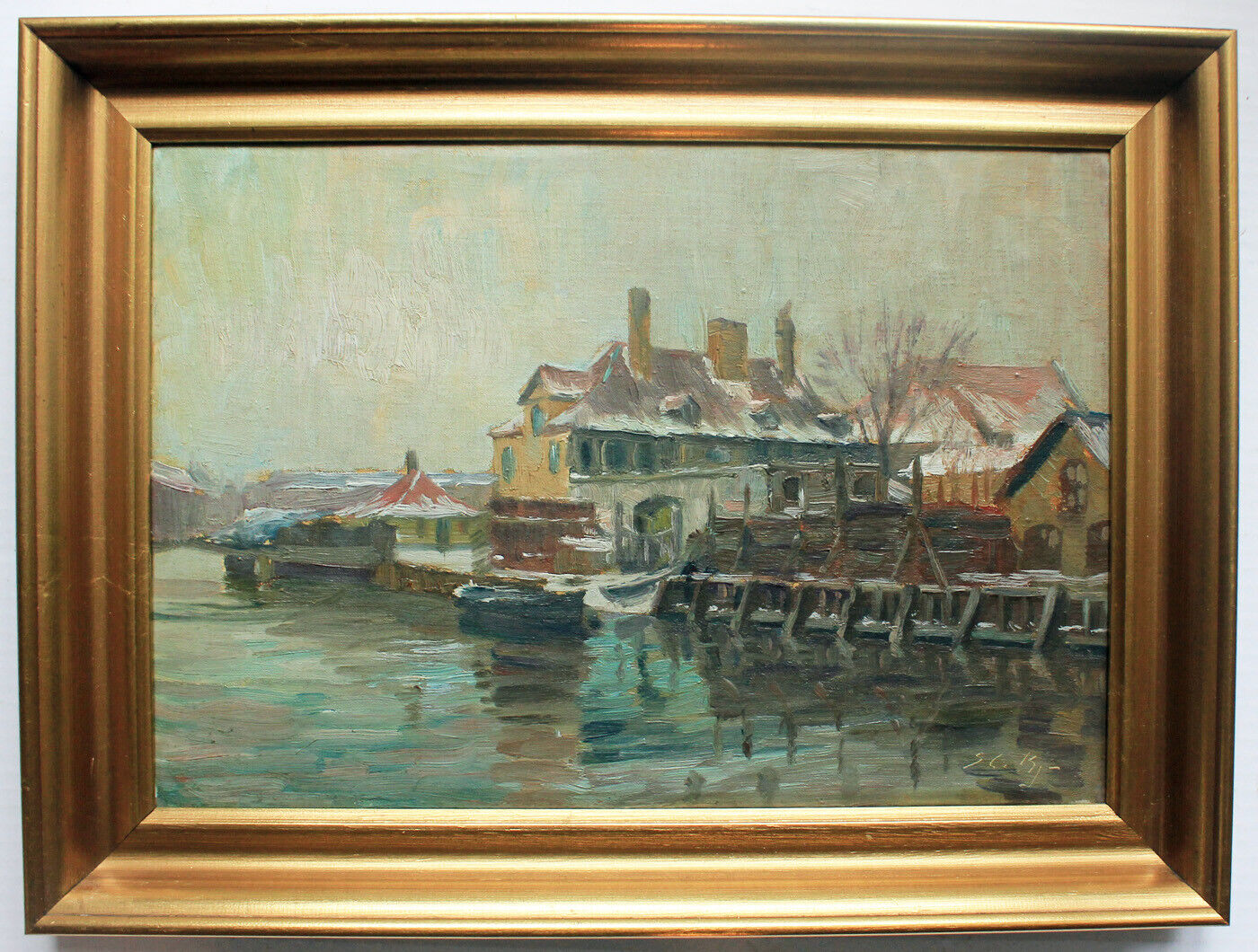 Soeren Christian Bjulf. Copenhagen Harbour in winter. Canal with boats c1920