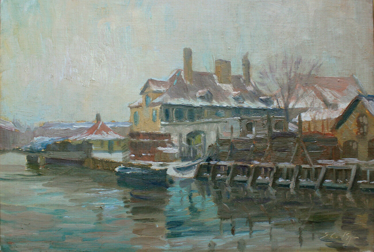 Soeren Christian Bjulf. Copenhagen Harbour in winter. Canal with boats c1920