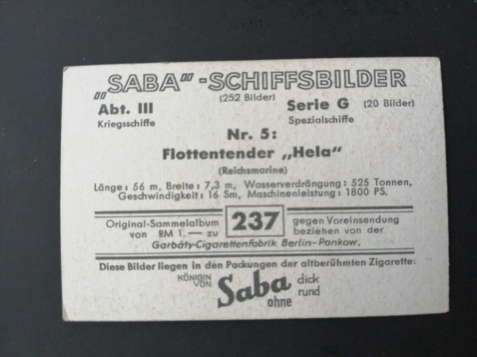 German SABA tobacco ship trading card 1931-33No 237 "Hela" Flottentender