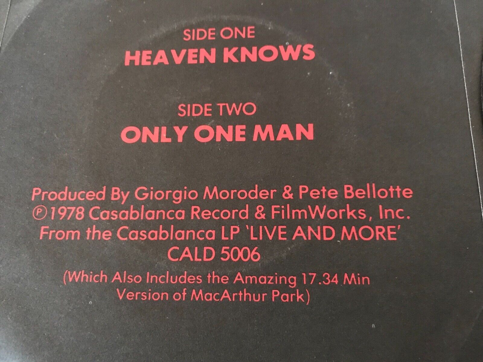 DONNA SUMMER  "HEAVEN KNOWS / ONLY ONE MAN" 1978 CASABLANCA RECORDS ENGLAND OOP*