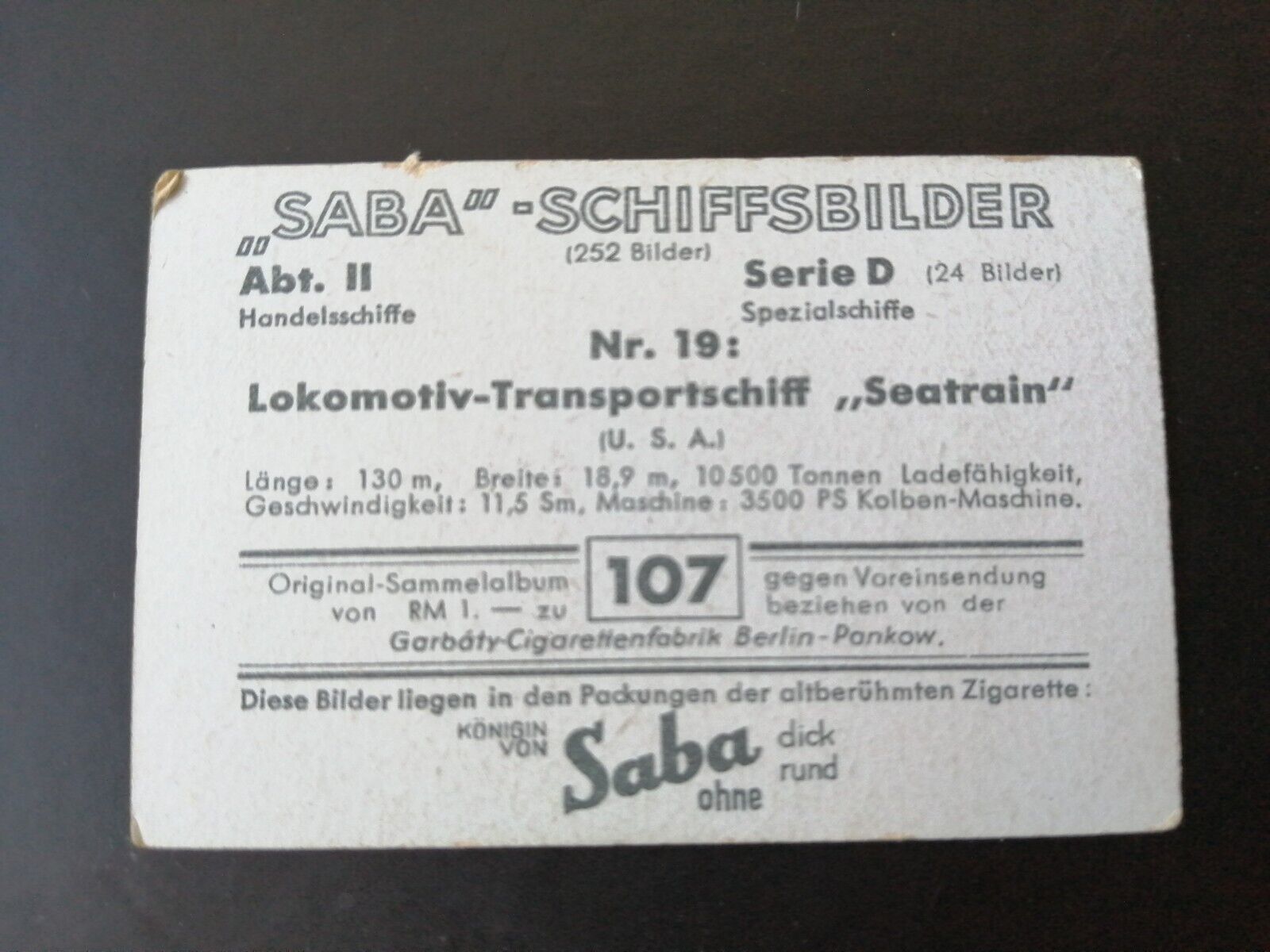 German SABA tobacco ship trading card 1931-33No 107 "Seatrain" USA