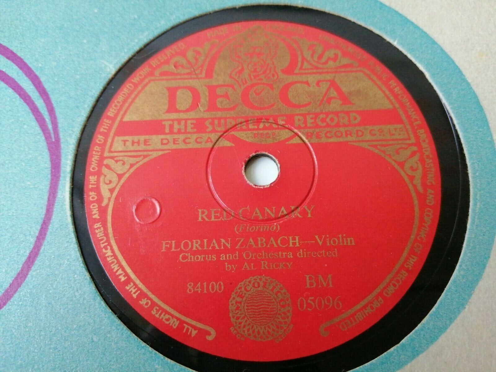 78 RPM  shellacFLORIAN ZABACHViolinRed Canary /April In Portugal Decca