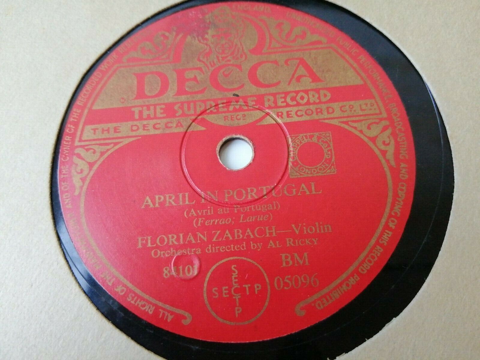 78 RPM  shellacFLORIAN ZABACHViolinRed Canary /April In Portugal Decca